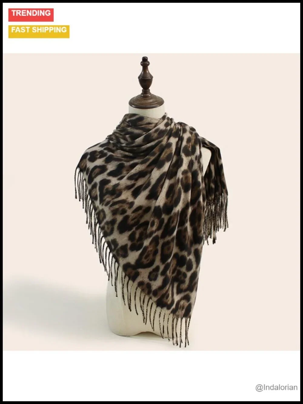 Oversized Leopard Print Scarf with Tassels - Soft Polyester Faux Viscose Winter